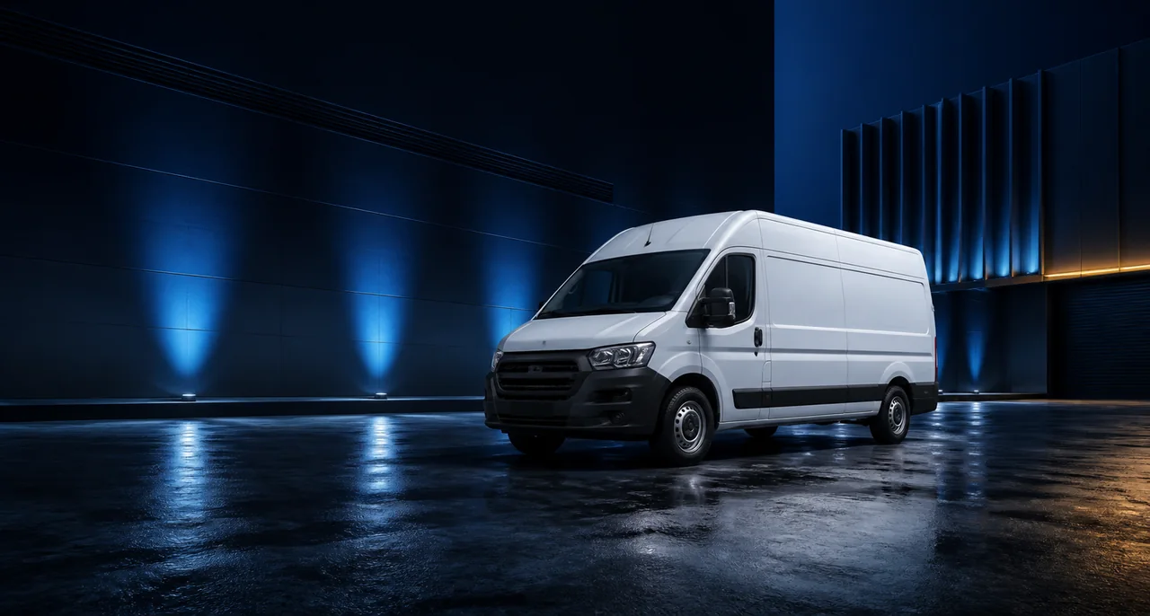 Modern white commercial van in a professional navy-lit setting